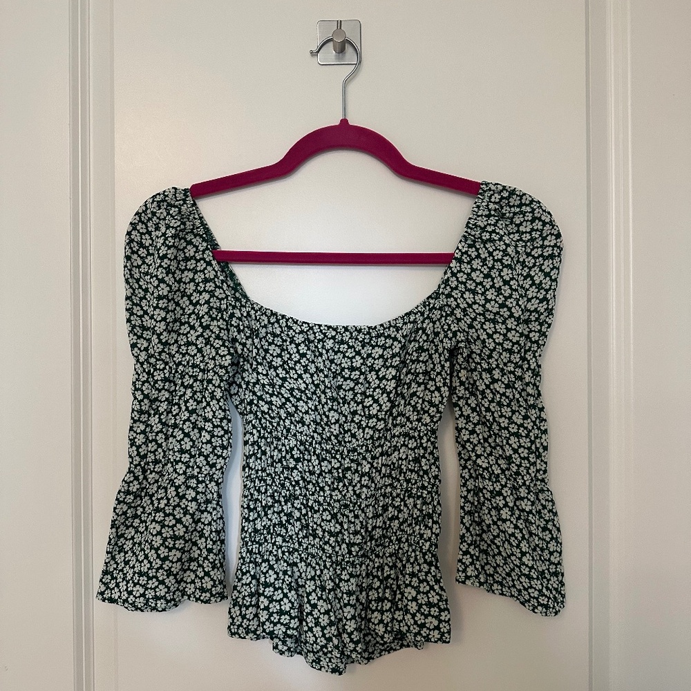 💚 EUC REFORMATION - Green Floral Bell Sleeve Top, Small